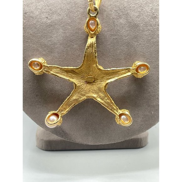 Vintage Signed CRAFT Seastar Necklace Starfish Gold Tone w Pearls & Rhinestones - Picture 5 of 15